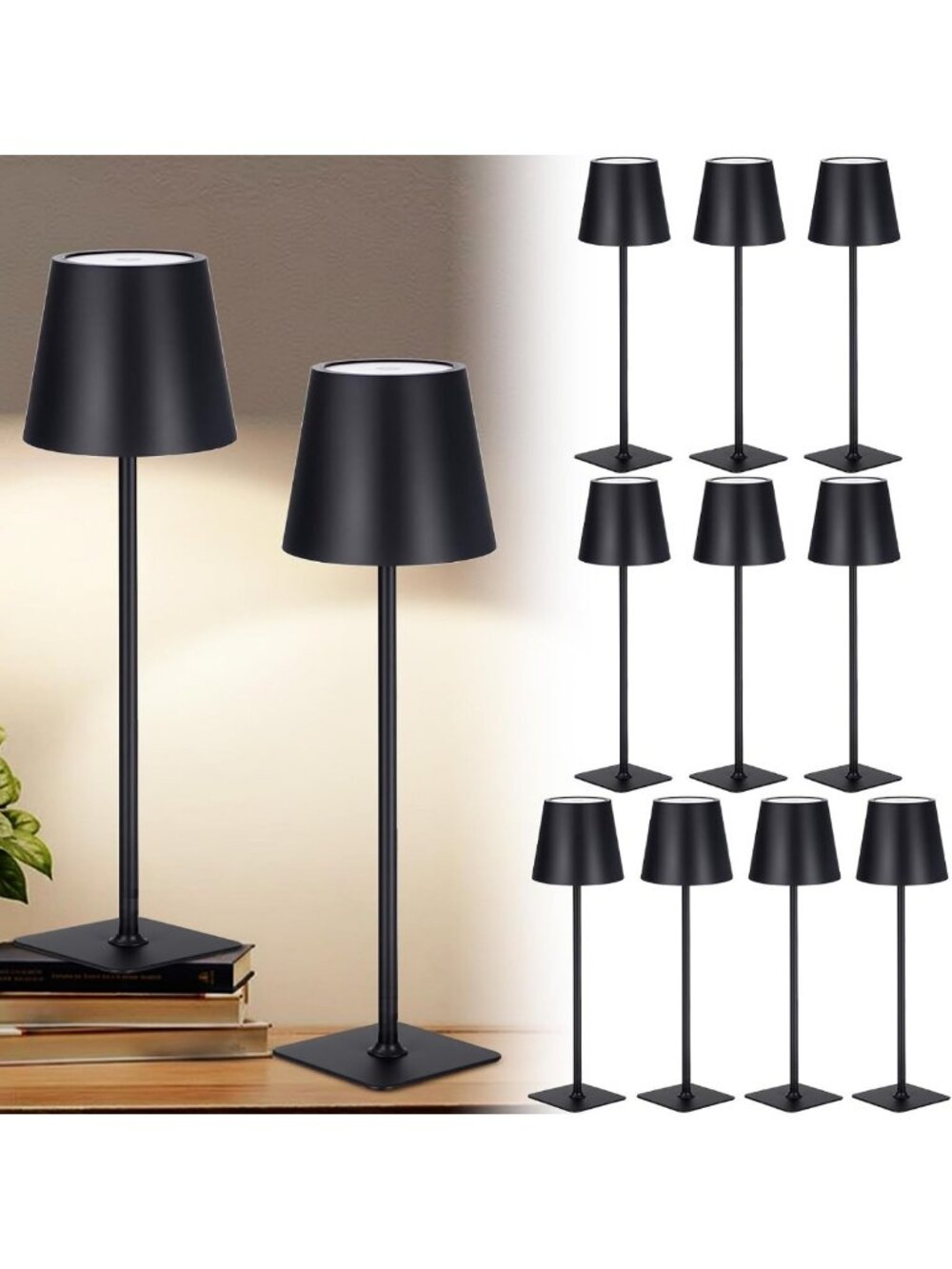12 Pack Portable Rechargeable Cordless Table Lamps - Modern Black Lighting Set